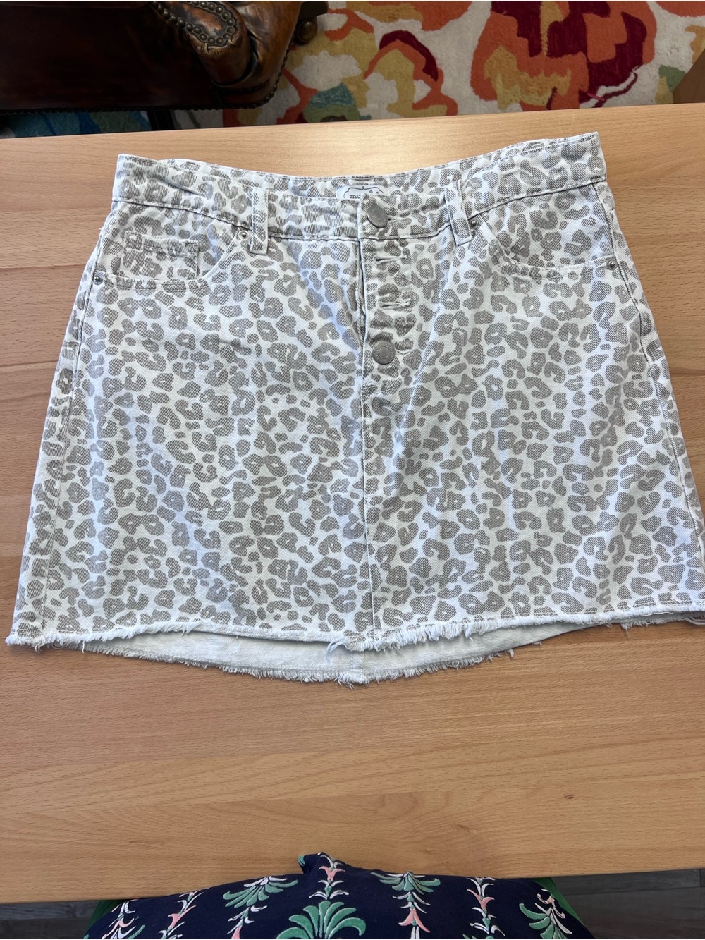 Mud Pie Cream and Beige Leopard Print Denim Mini Skirt